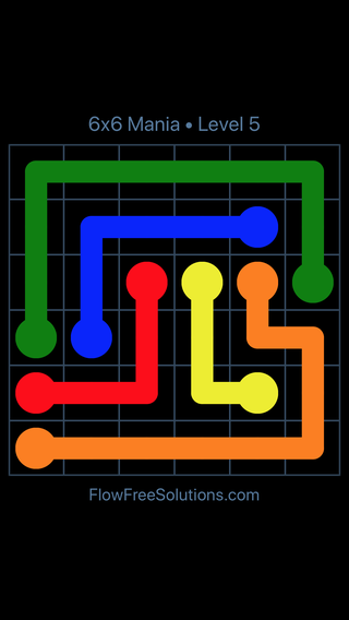Solution and Answer to the Puzzle for Flow Free 6x6 Mania Level 5