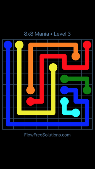 Solution and Answer to the Puzzle for Flow Free 8x8 Mania 8 X 8 Level 3