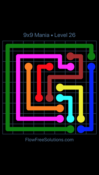 Solution and Answer to the Puzzle for Flow Free 9x9 Mania Level 26
