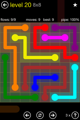 Solution and Answer to the Puzzle for Flow Regular Pack Set 8x8 Level 20